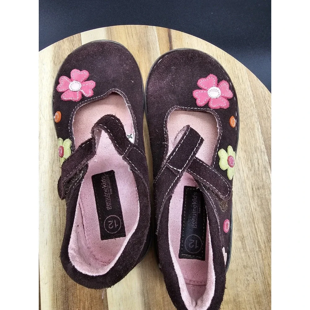 Genuine Kids By Oshkosh Mary Janes Brown Suede With‎ Cute Flowers Kids Size 12